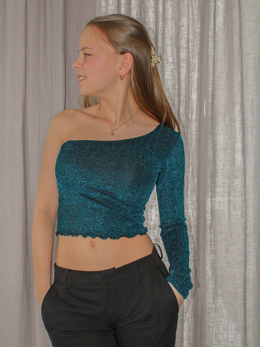 One shoulder glitter top turquoise